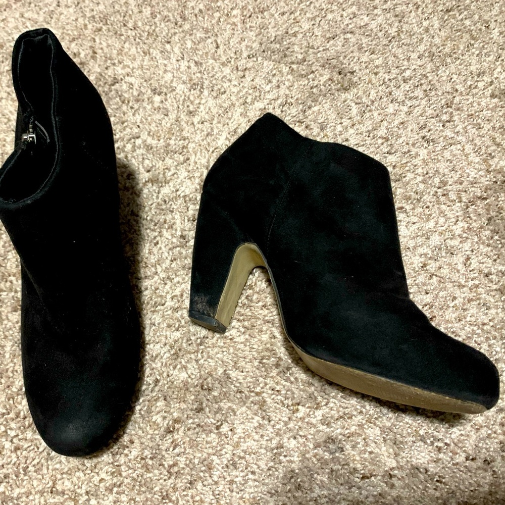 Black heeled suede booties, size 10